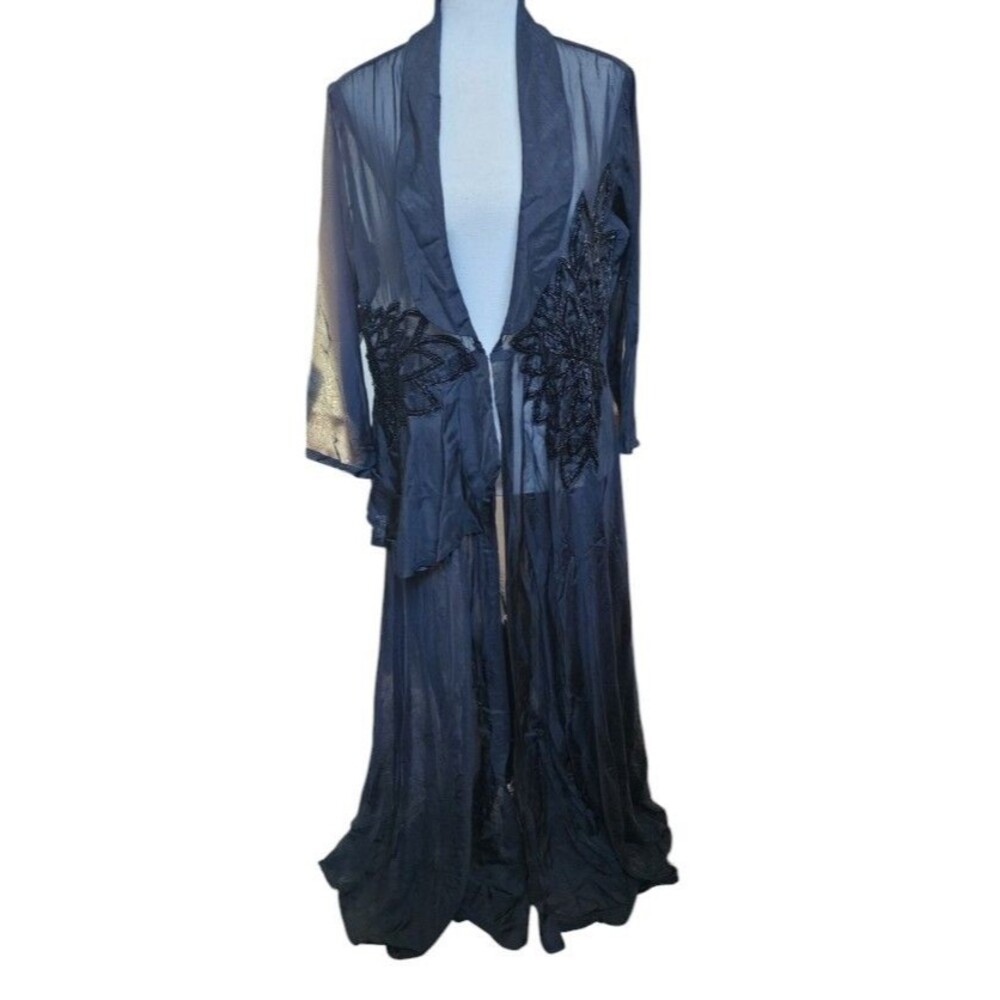 Sheer Black Beaded Duster-Style Jacket Vintage Whimsigoth Size EU 42 US XL